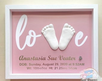 DIY newborn feet casting kit, birth announcement frame, baby birth stats, mold casting, girl room decor, new mom gift, first birthday gift