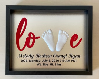 DIY newborn feet casting kit, birth announcement frame, baby birth stats, mold casting, girl room décor, new mom gift, Christmas gift mom