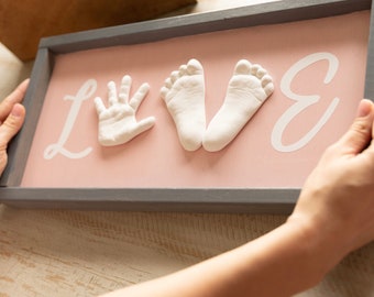 Baby hand and feet casting - LOVE wood sign- baby hand print and footprint - nursery decor boy - DIY casting kit -custom newborn infant gift