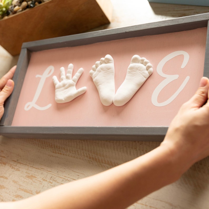 Baby hand and feet casting  LOVE wood sign baby hand print image 1