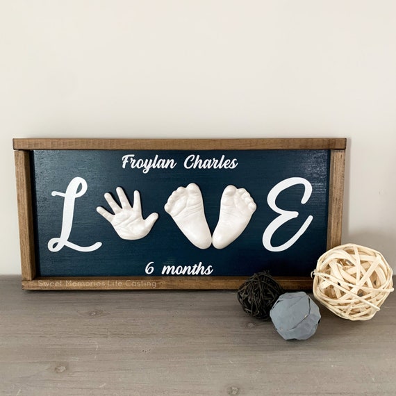 Baby Hand and Feet Casting LOVE Wood Sign Baby Hand Print and
