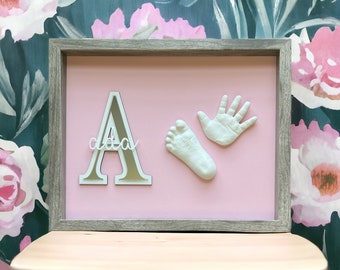 Baby hand and feet casting kit with a capital letter, baby handprint and footprint, nursery decor, keepsake casting, custom gift for newborn