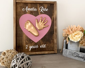 Baby hand and feet casting - heart wood sign- baby hand print and footprint - nursery decor - DIY casting kit - custom newborn infant gift