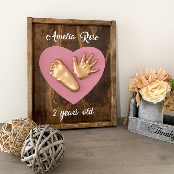 Baby Hand and Feet Casting Heart Wood Sign Baby Hand Print and