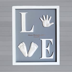 DIY hand and feet casting kit for baby, LOVE frame nursery decor, infant hand and foot mold kit, baby handprint and footprint custom gift 画像 1