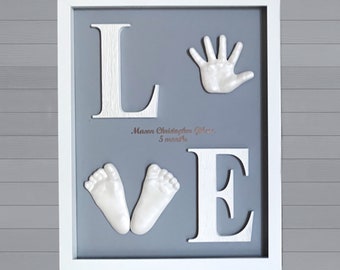 DIY hand and feet casting kit for baby, LOVE frame nursery decor, infant hand and foot mold kit, baby handprint and footprint custom gift