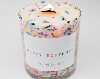 Happy Birthday Cake Soy Candle | Wood Wick | Sprinkle Candle | Sprinkled Jar Vanilla Cake Scent | Hand Poured Small Business