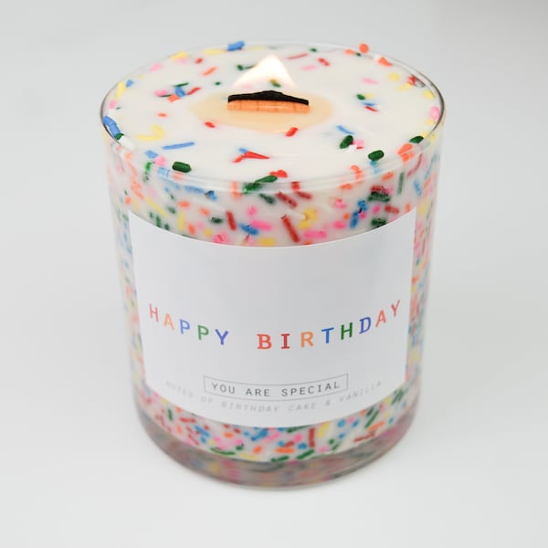 Birthday Cake Soy Candle with Sprinkles: Wood Wick, Vanilla Scent