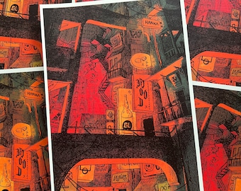 May include: A red and orange print of a city street scene with buildings, signs, and a bottle of beer. The signs include the text "Hanka" and "00".