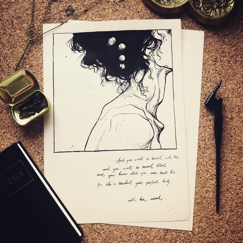 A4 Art Print Suzanne LEONARD COHEN lyrics illustration black and white illustration Pen and ink