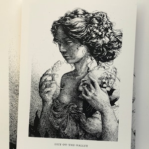 Pu&ograve; includere: Illustrazione in bianco e nero di una donna con i capelli lunghi e ricci che tiene un mazzo di mughetti. L'immagine &egrave; intitolata "Lily-of-the-Valley".