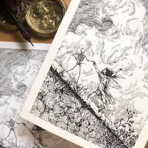 May include: A black and white pen and ink illustration of a skeleton holding the hand of a woman as they walk along a rocky path. The woman is wearing a flowing dress and the background is filled with swirling clouds.