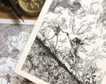 Morte e la fanciulla / Illustrazione a penna e inchiostro / Stampa A3 + A4