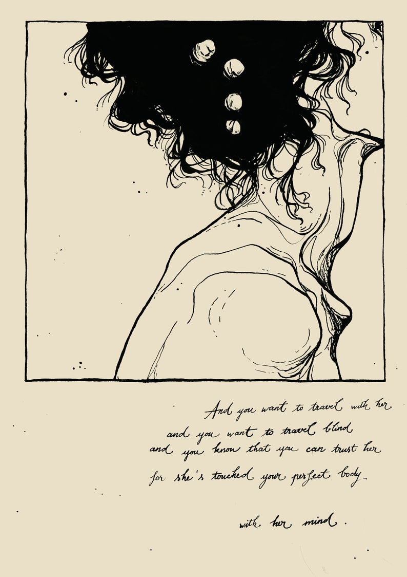 A4 Art Print Suzanne LEONARD COHEN lyrics illustration black and white illustration Pen and ink