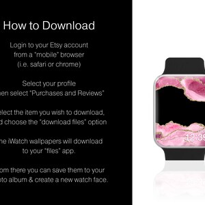 K&ouml;nnte beinhalten: Eine Apple Watch mit schwarzem Armband und einem abstrakten Design in Rosa, Schwarz und Gold auf dem Bildschirm. Die Uhrzeit wird als 12:39 angezeigt. Anweisungen zum Herunterladen der iWatch-Hintergr&uuml;nde sind ebenfalls enthalten.