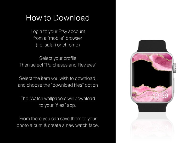 K&ouml;nnte beinhalten: Eine Apple Watch mit schwarzem Armband und einem abstrakten Design in Rosa, Schwarz und Gold auf dem Bildschirm. Die Uhrzeit wird als 12:39 angezeigt. Anweisungen zum Herunterladen der iWatch-Hintergr&uuml;nde sind ebenfalls enthalten.