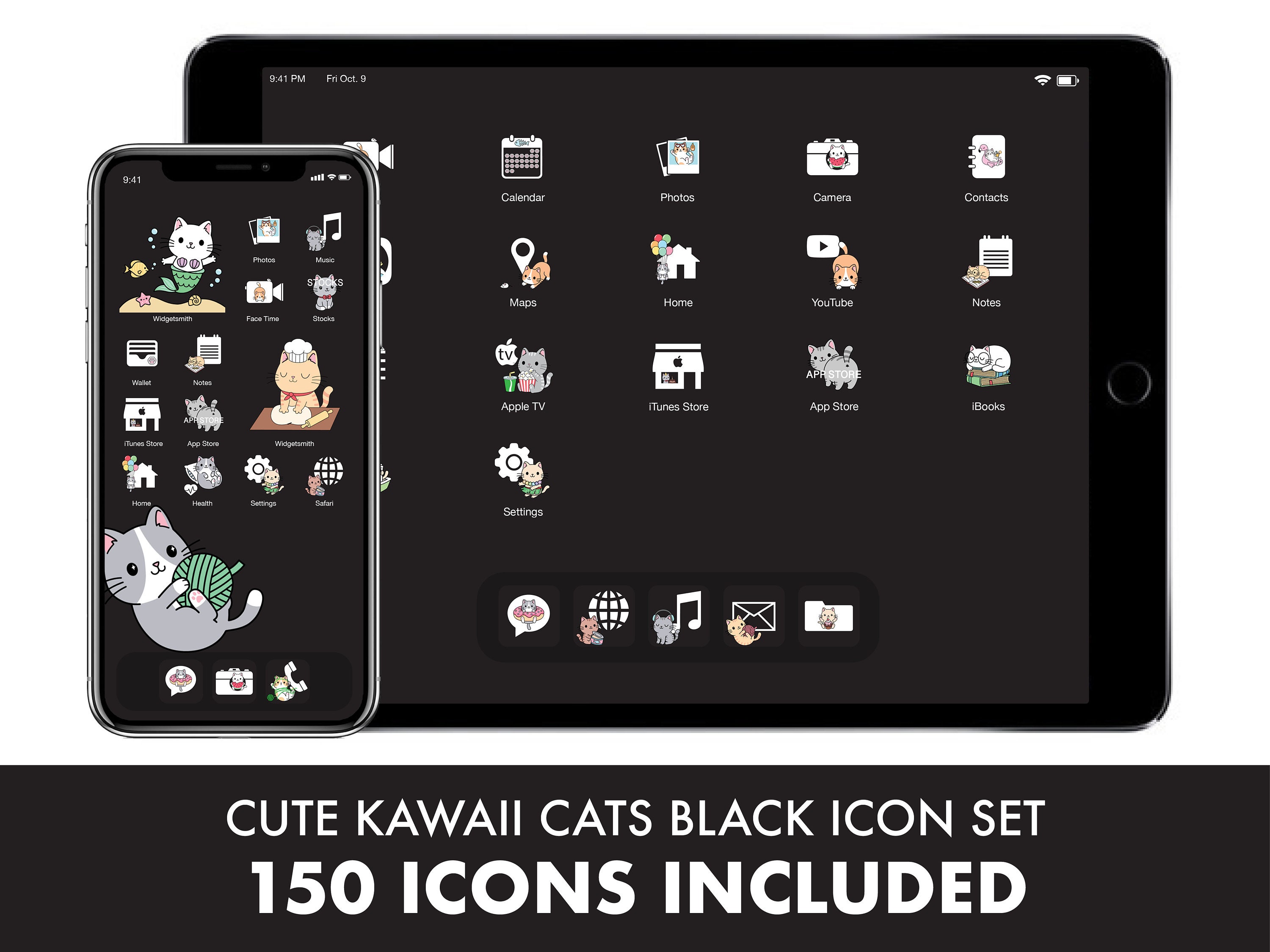 Cute Cats Black Edition iPhone Icons Bundle