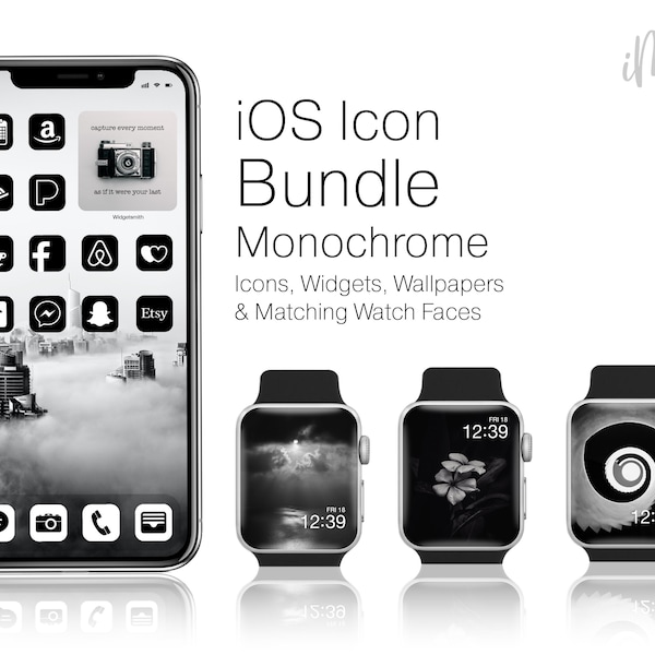 covers app on iphone iOS Icons Monochrome Black and White - iPhone Home Screen Aesthetic with App Icons, iOS Widgets, Wallpapers, & Apple Watch Wallpapers