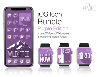 May include: Purple iOS icon bundle featuring a phone and three Apple Watch faces. The phone screen displays a purple background with icons for apps such as Amazon, Facebook, Airbnb, and Etsy. The watch faces show the text "The Time Is Now", "It's Wine O'Clock", and "12:30".
