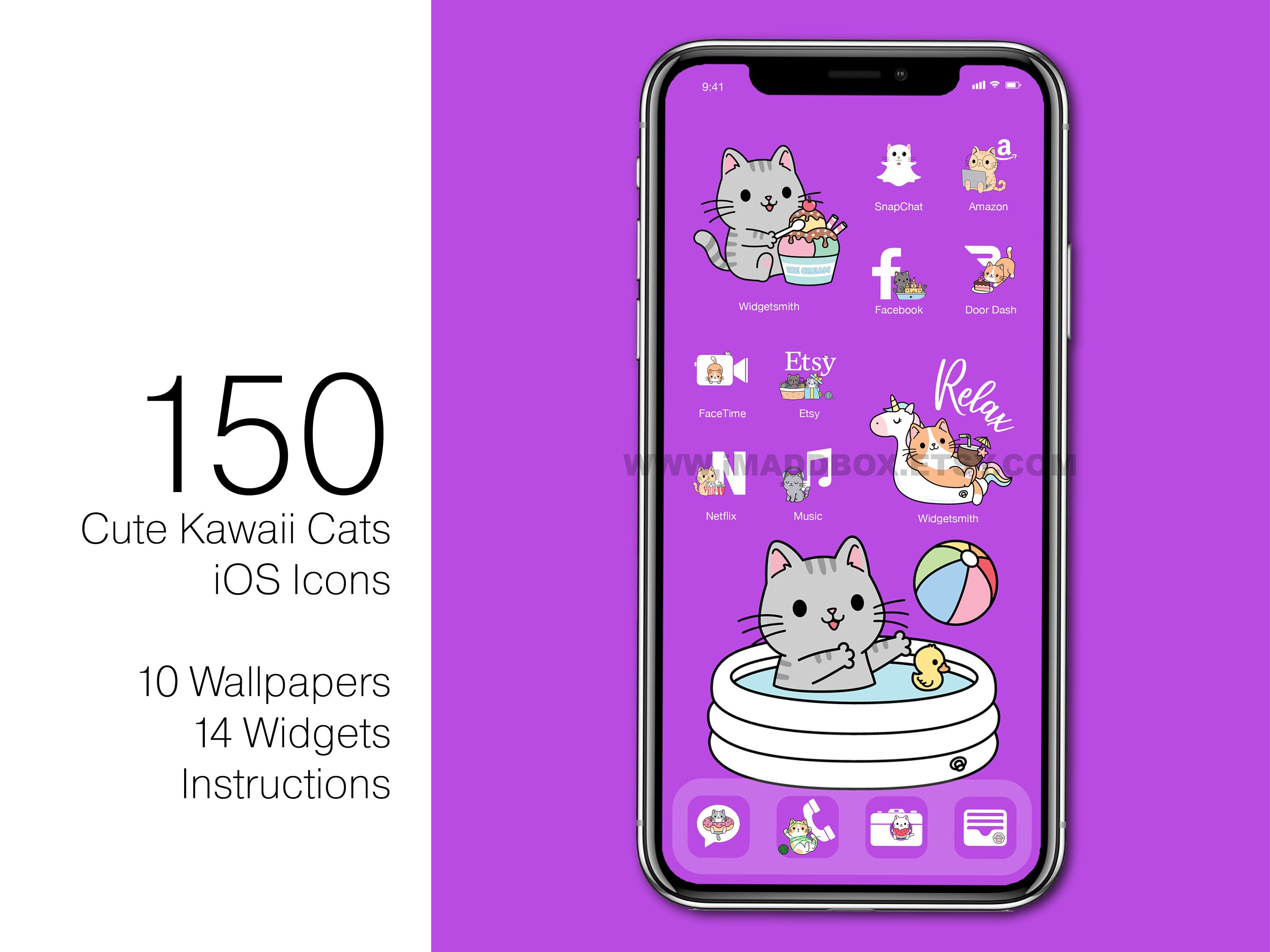 Cute Purple Ios Icons Kawaii Cats Icon Bundle App (Instant Download) 