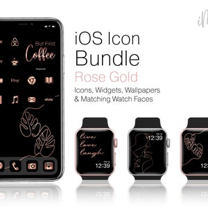 May include: A set of rose gold icons for an iPhone and Apple Watch. The iPhone screen shows a black background with rose gold icons for apps like Etsy, eBay, and a music note. The Apple Watch faces feature a rose gold design with the text "live love laugh" and a line drawing of a plant.