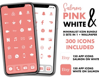 Iconos de iOS 14 en color salmón: 300 iconos rosas para iPhone. Incluye 2 conjuntos de 150 iconos de aplicaciones para iOS 14. Estética minimalista y elegante en tonos pastel para iOS 14.