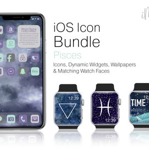 May include: A set of iOS icons and watch faces featuring a Pisces zodiac theme. The icons are in a light blue and purple color scheme with a starry night background. The watch faces feature a Pisces symbol, a triangle, and the text "TIME waste.it while you still can".