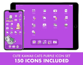 Cute Purple Ios Icons Kawaii Cats Icon Bundle App (Instant Download) 