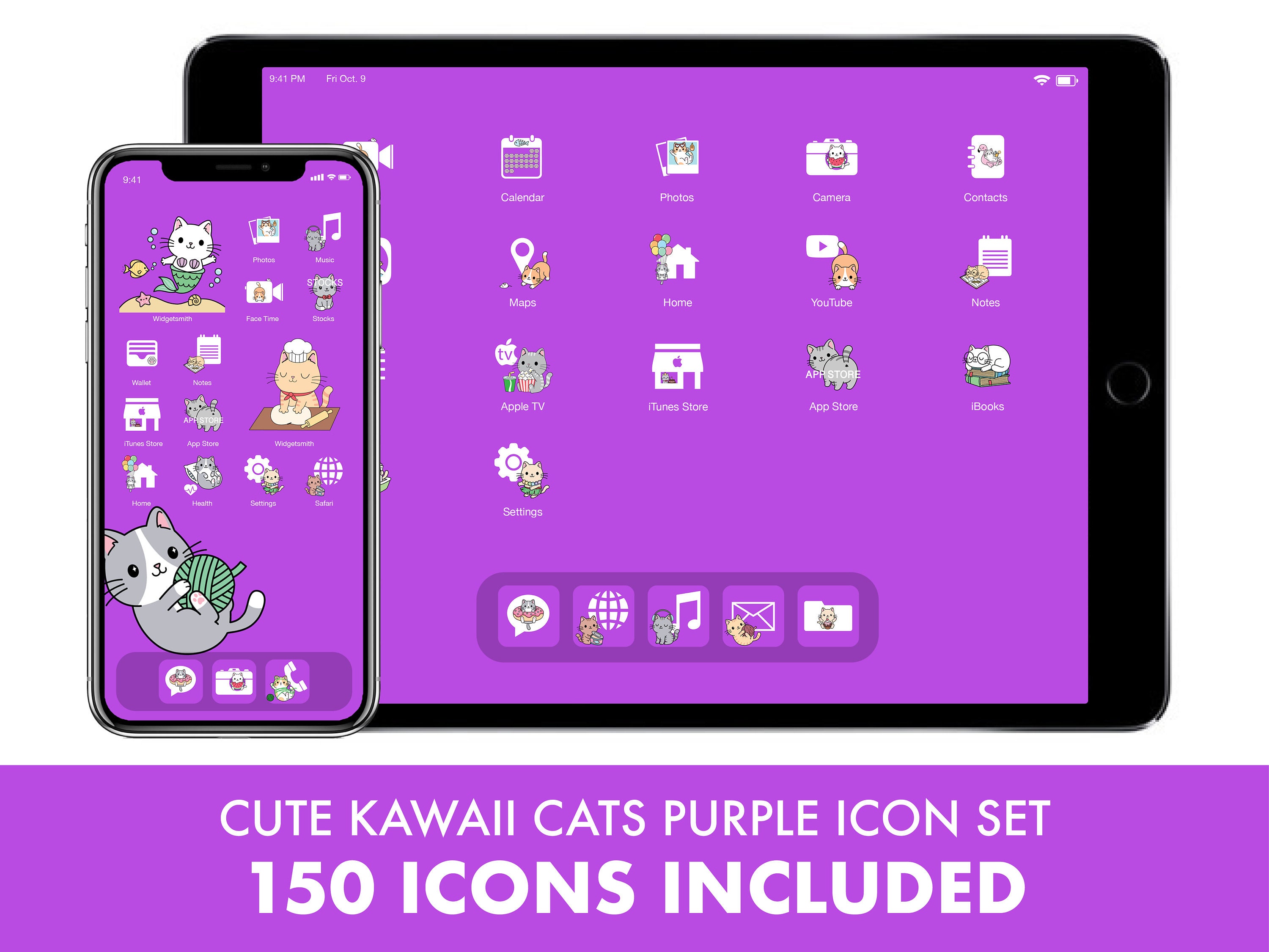 Cute Purple Ios Icons Kawaii Cats Icon Bundle App (Instant