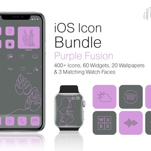 Purple App Icons Bundle Minimalist Line Art iPhone Home Screen Aesthetic with 400+ App Icons, 60 Widgets 20 Wallpapers, & 3 Watch Wallpapers