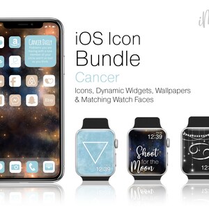 May include: A set of iOS icons, dynamic widgets, wallpapers, and watch faces for the zodiac sign Cancer. The icons feature a blue and white color scheme with a starry night background. The watch faces feature a blue triangle, a text overlay that says "Shoot for the Moon", and a stylized Cancer zodiac symbol.