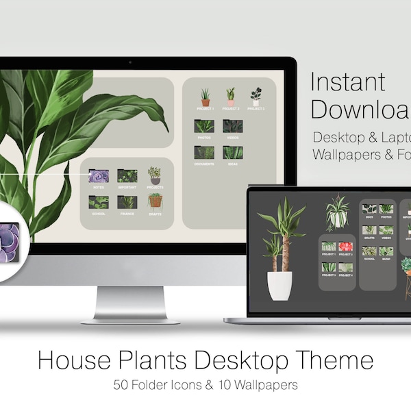 Cute House Plants Desktop Wallpaper Organizer with 50 Plant Themed Folder Icons & 10 Desktop Wallpapers Plant Themed for Mac and Windows