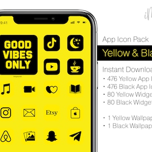May include: A smartphone screen showcases a yellow and black app icon pack. The screen displays app icons for various apps, including social media and utilities. Text on the screen reads "GOOD VIBES ONLY" and "Yellow & Black". The pack includes 476 yellow and black app icons.