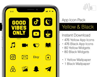 Yellow and Black App Icons – iOS and Android, iPhone Widgets (Digital Download)