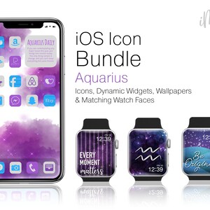 Puede incluir: Un conjunto de iconos para iPhone y Apple Watch en tonos morados y azules con el signo del zodíaco Acuario. Los iconos del iPhone incluyen aplicaciones de redes sociales, aplicaciones de compras y aplicaciones de mensajería. Las esferas del Apple Watch presentan el signo del zodíaco Acuario, una cita sobre la importancia de cada momento y la frase "Sé original".