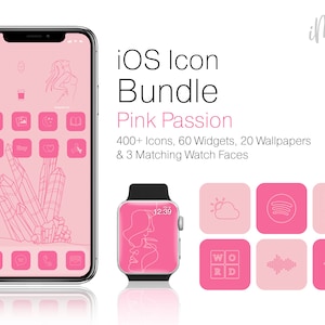 Passion Pink App Icons Bundle Minimalist Line Art iPhone Home Screen Aesthetic 400+ App Icons, 60 Widgets 20 Wallpapers & 3 Watch Wallpapers