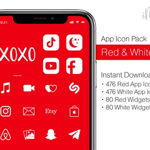 Puede incluir: Una pantalla de iPhone roja con iconos de aplicaciones blancas, incluyendo Instagram, Facebook, Etsy, y más. El texto "XOXO" se muestra en la parte superior de la pantalla. El texto "App Icon Pack Red & White" se muestra en el lado derecho de la imagen. El texto "Instant Download" se muestra debajo del texto "Red & White". El texto "476 Red App Icons", "476 White App Icons", "80 Red Widgets", y "80 White Widgets" se muestra debajo del texto "Instant Download".