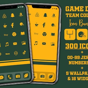 May include: A mockup of two iPhone screens with a green and gold color scheme. The screens display a variety of app icons, including social media, streaming, and productivity apps. The text "GAME DAY TEAM COLORS Icon Bundle 300 ICONS + 00-99 JERSEY NUMBERS X2 + 5 WALLPAPERS & 16 WIDGETS" is displayed on the right side of the image.