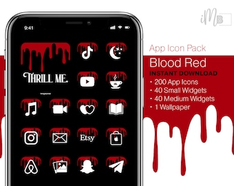 Blood Red iPhone App Pack - 200 App Icons & 80 Widgets! Apple Icons Digital iOS App Icon Download iPhone Home Screen Red and White Icons