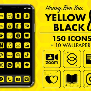 May include: A smartphone screen shows yellow app icons on a black background. The image also features the text "Honey Bee You YELLOW & BLACK 150 ICONS + 10 WALLPAPERS" in yellow and black. The background is yellow.