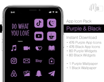 May include: A smartphone screen displaying a collection of app icons in purple and black. The icons are arranged in a grid pattern and include popular apps like TikTok, YouTube, Instagram, Etsy, and more. The text "DO WHAT YOU LOVE" is displayed at the top of the screen. The image also includes text describing the app icon pack, which includes 476 purple app icons, 476 black app icons, 80 purple widgets, 80 black widgets, 1 purple wallpaper, and 1 black wallpaper.