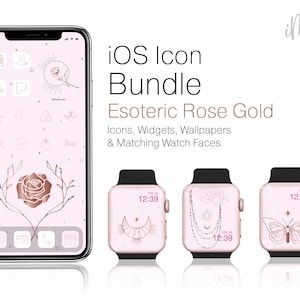 May include: A rose gold iOS icon bundle with matching watch faces. The phone and watch displays feature esoteric designs, including a rose, moon, and butterfly. The text reads "iOS Icon Bundle Esoteric Rose Gold".