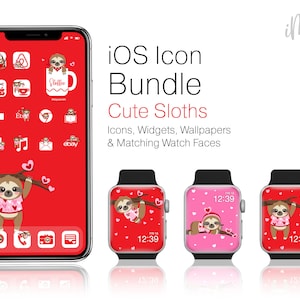 Red iOS  Icons - Sloth Cute iPhone Icons - App Icon Bundle, iOS  Valentines Sloths Red and White Wallpapers, Widgets, & Watch Wallpaper