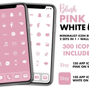 May include: Two smartphones showing app icons in a blush pink and white design. The icons are minimalist and include social media, shopping, and entertainment apps. Text on the image reads "Blush Pink & White, Minimalist Icon Bundle, 300 Icons Included."