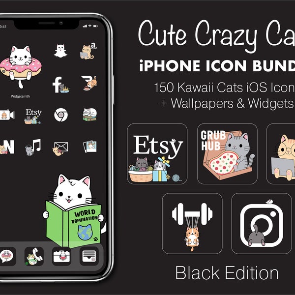 Cute iOS App Icons - 150 Kawaii Cats Icon Bundle App Icons for iOS & Cute Cats Widgets Black iOS iPhone Aesthetic with 10 iPhone Wallpapers