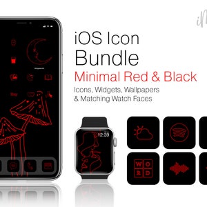 May include: A digital product bundle featuring a minimalist red and black theme. The image showcases an iPhone and Apple Watch with custom icons, widgets, and matching watch faces. The text reads "iOS Icon Bundle Minimal Red & Black."