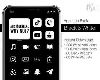 Black iOS  App Icons - Minimalist iPhone - Includes 400 App Icons for iOS  iPhone Aesthetic with Neutral Black and White iOS  Widgets