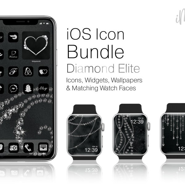 Diamond-apppictogrammen, zilveren iPhone-startscherm, widgets, achtergronden, wijzerplaten