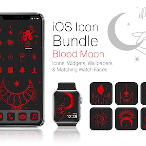 Red iOS  Icons Bundle - Esoteric Blood Moon iPhone Home Screen Aesthetic Complete, Red App Icons, Widgets, Wallpapers, & Apple Watch Faces