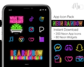 Puede incluir: La pantalla de un teléfono inteligente que muestra un paquete de iconos de aplicaciones de arcoíris de neón con 200 iconos y 80 widgets. La pantalla muestra una variedad de iconos de aplicaciones, incluyendo Instagram, TikTok, Snapchat, Discord, y más. El texto "NEON RAINBOW" se muestra en una fuente de arcoíris de neón.